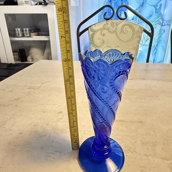 Vintage LE Smith Beaded Scroll & Stars Blue Glass Bud Vase 6" - Picture 7 of 7